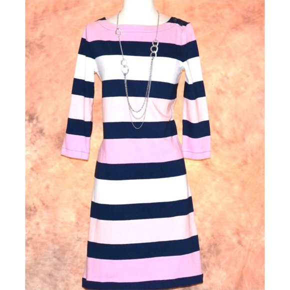 Lands' End Dresses & Skirts - VTG Lands End BoatNeckDress Sz M 10/12 NavyPinkStripe Coastal Luxury 100% Cotton